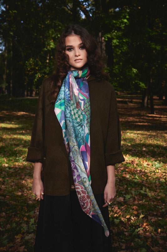 SKARELE FUSION abstract multicolor large silk SCARF, 133x133cm