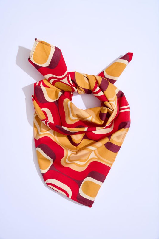 SKARELE RETRO red & gold cotton SCARF, 70x70cm