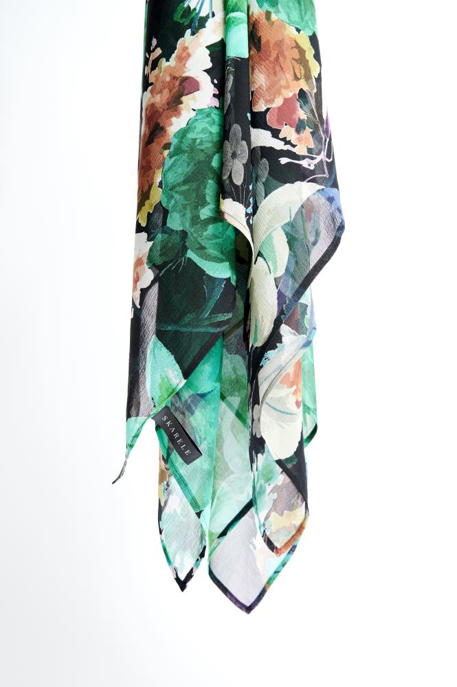 SKARELE OASIS tropical green and black silk SCARF, 140x140cm