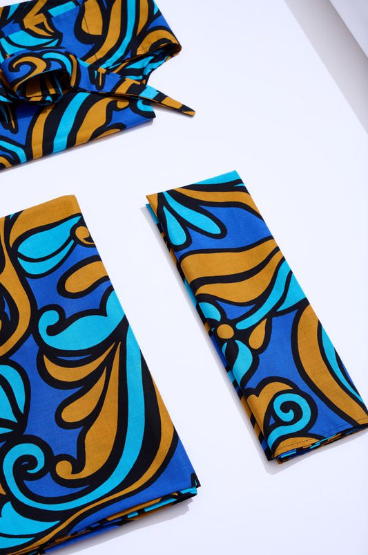 SKARELE BREEZE floral blue & amber cotton VACATION SET– scarf, tote & blanket