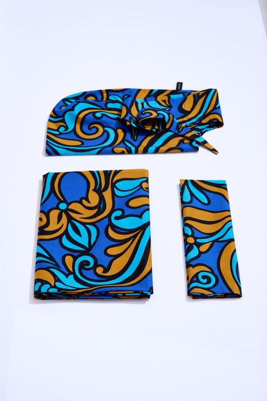 SKARELE BREEZE floral blue & amber cotton VACATION SET– scarf, tote & blanket