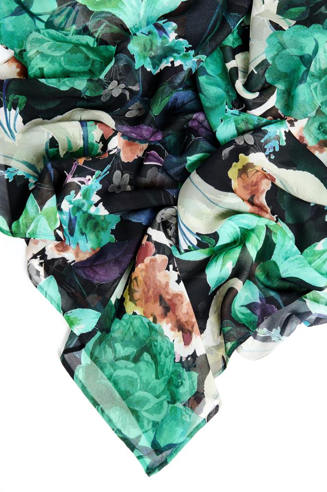SKARELE OASIS tropical green and black silk SCARF, 140x140cm