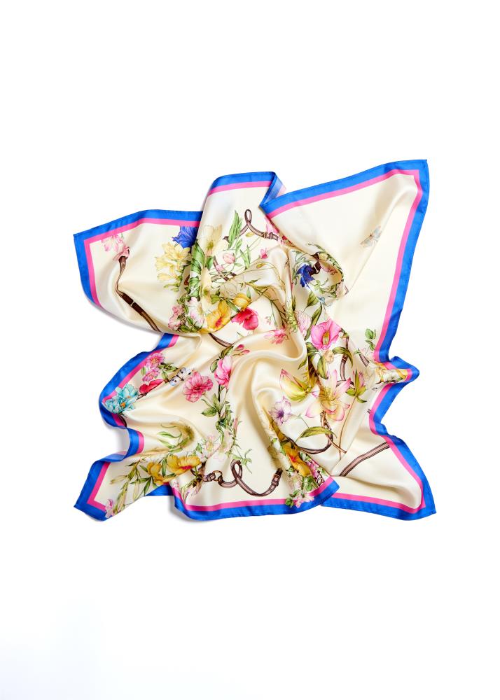 SKARELE GRACE gentle beige floral silk SCARF, 84x84cm