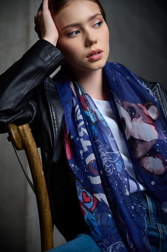 SKARELE BLAZE sheer blue silk SCARF with cosmos details, 135x135cm