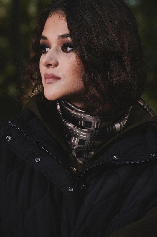 SKARELE IRIS geometric beige silk SCARF, 64x64cm