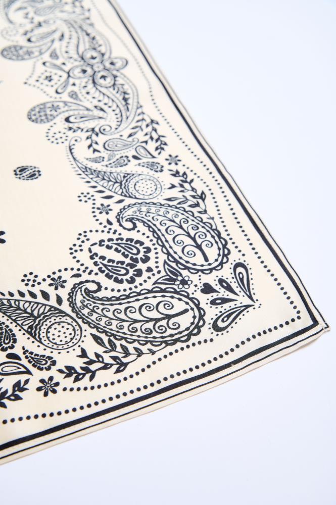 SKARELE AXIS beige with black paisley pattern viscose SCARF, 56x56cm