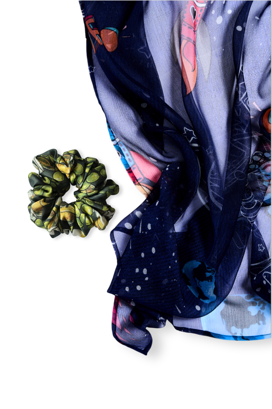BLAZE & EVENING Silk Set: Oversized Sheer Scarf & Mid-Size Scrunchie
