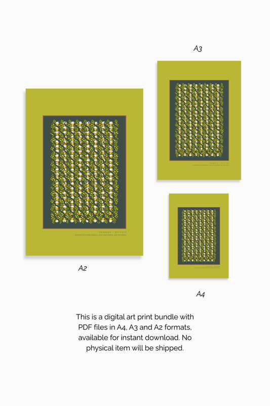 Digital art print bundle preview featuring the "Skarele / Rituals" pistachio green poster in A2, A3, and A4 ratios, with text indicating instant PDF download with no physical item shipped.