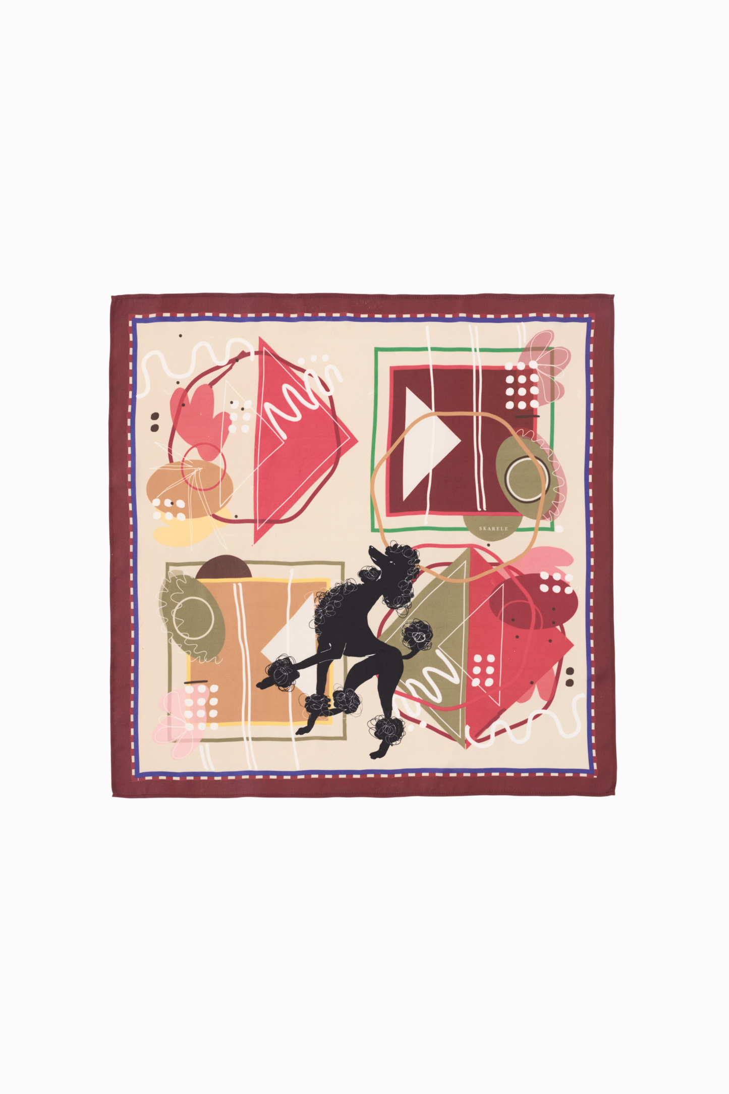 Full view of the MUSE Silk Scarf in Chestnut Brown, showcasing its complete artistic print. The modern abstract design combines mid-century modern shapes with whimsical line art in earthy tones and bold red. This medium square silk scarf is displayed flat to show the entire pattern, including the playful poodle illustration and geometric framing, perfect for versatile styling.