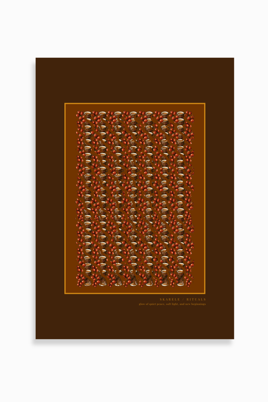 Warm bordo brown digital poster with an amber-gold inner frame, detailed pattern of coffee cups, coffee pots, and red rosehip berries, featuring the lower text "SKARELE / RITUALS - glow of quiet peace, soft light, and new beginnings"