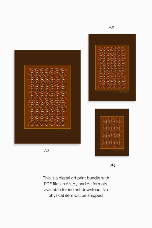 Digital art print bundle preview featuring the "Skarele / Rituals" bordo brown coffee and berry poster in A2, A3, and A4 ratios, with text indicating instant PDF download with no physical item shipped