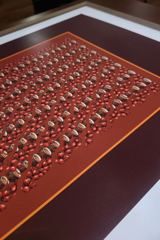 Perspective view close-up of the "Morning bordeux" art print, highlighting the print finish, amber inner frame, coffee cups, and red berry clusters set within a wooden frame