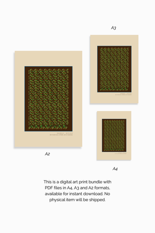 Digital art print bundle preview featuring the "Skarele / Rituals" beige poster with green tea cup pattern in A2, A3, and A4 ratios, with text indicating instant PDF download with no physical item shipped
