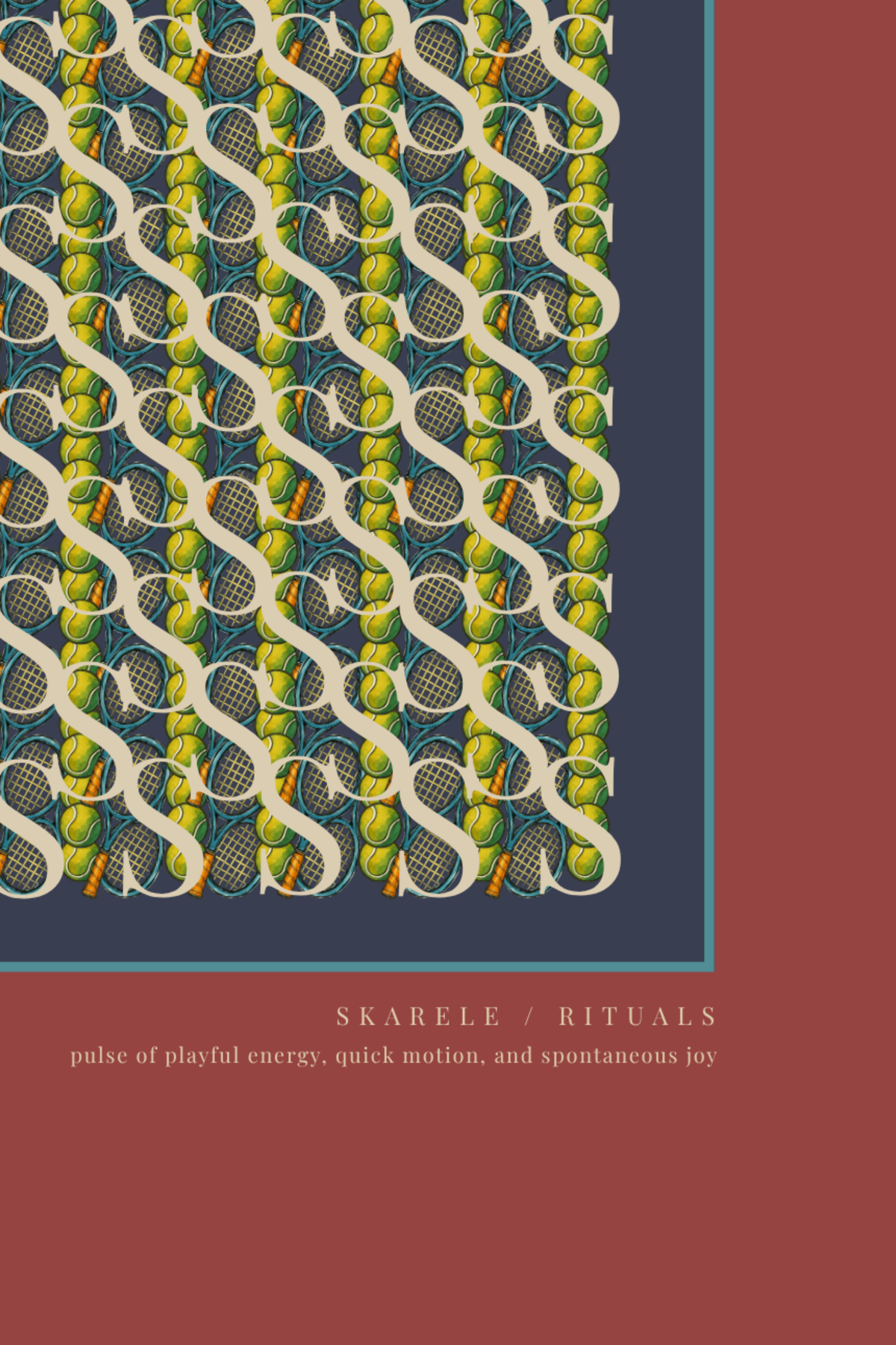 Close-up detail of the "Movement dynamic blue" digital art print, highlighting the intricate pattern of vintage tennis rackets, yellow tennis balls, dark navy inner frame, teal-blue border line, and lower text "SKARELE / RITUALS - pulse of playful energy, quick motion, and spontaneous joy".