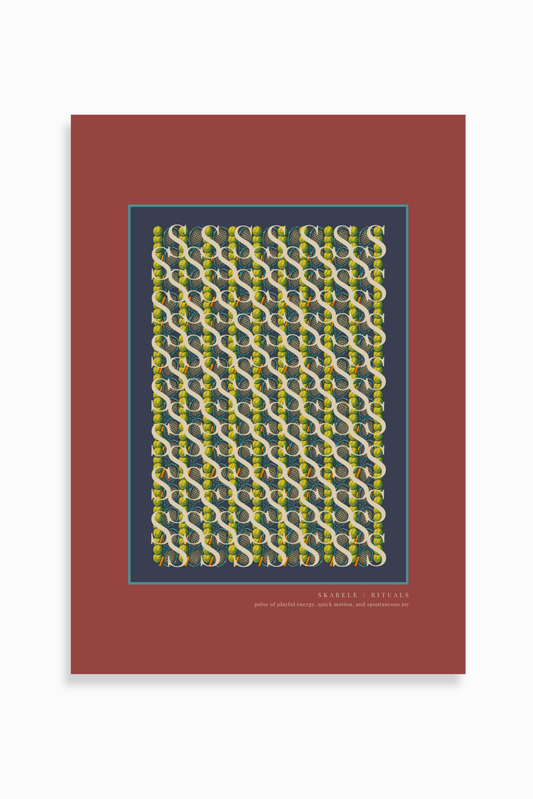 Deep red digital poster with a teal-blue accent line, dark navy inner frame, detailed pattern of vintage tennis rackets and yellow tennis balls, featuring the lower text "SKARELE / RITUALS - pulse of playful energy, quick motion, and spontaneous joy"