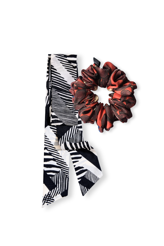 NOTE & EVENING Silk Set: Long Twilly Scarf & Mid-Size Scrunchie