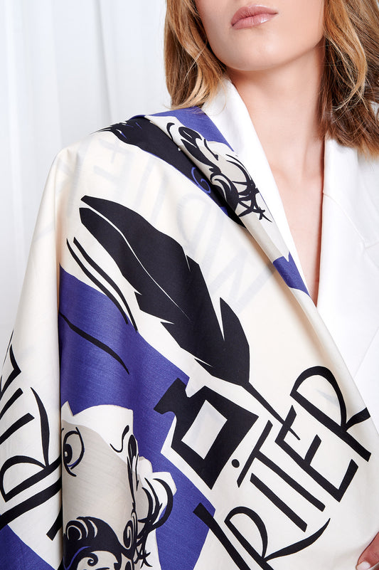 SKARELE WRITER artistic print silk & cotton SCARF, 105x105cm