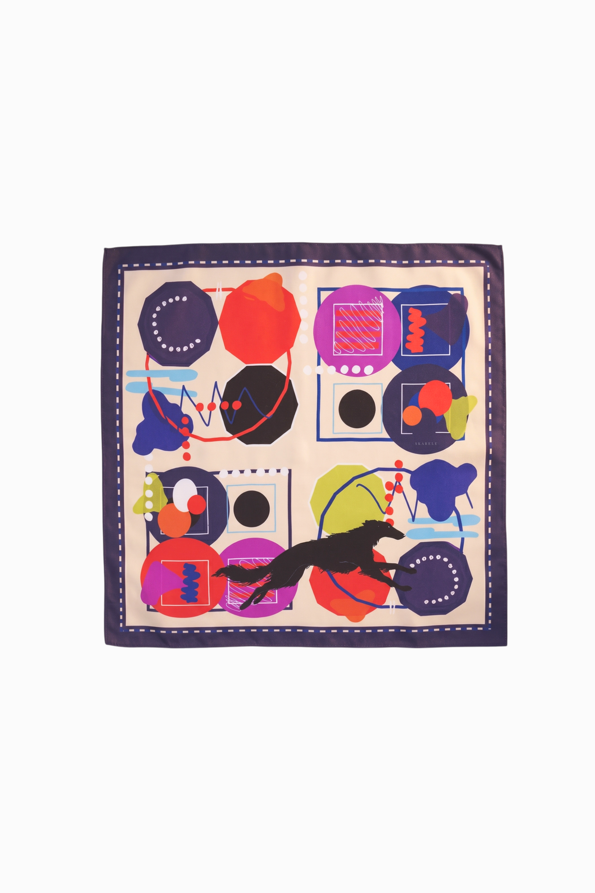 Square silk scarf with abstract geometric print in orange, purple, blue, and a black silhouette of a running Borzoi dog. Designer pet fashion accessory on a clean background.