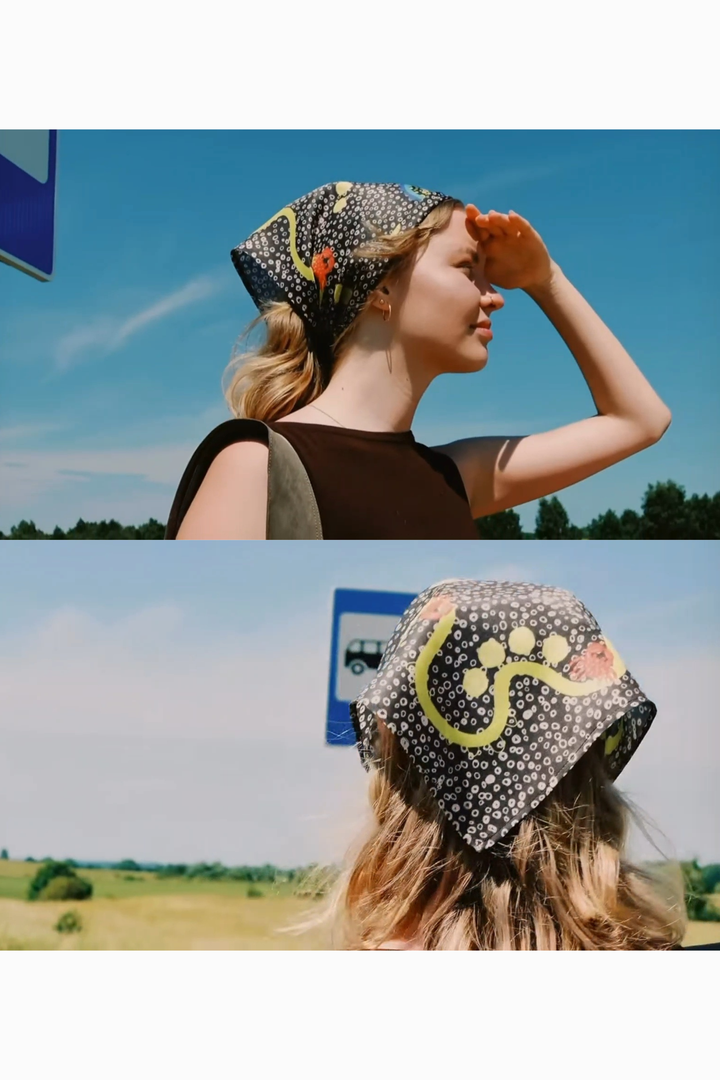 Two-image collage showing a woman wearing the Skarele La Dolce Vita silk scarf under a bright blue sky. Top: Side profile looking out. Bottom: Back view showing the yellow graphic pattern.