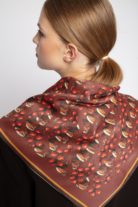 SKARELE MORNING Double-Sided Deep Brown and Bordeaux Tones Silk Scarf 65x65 cm