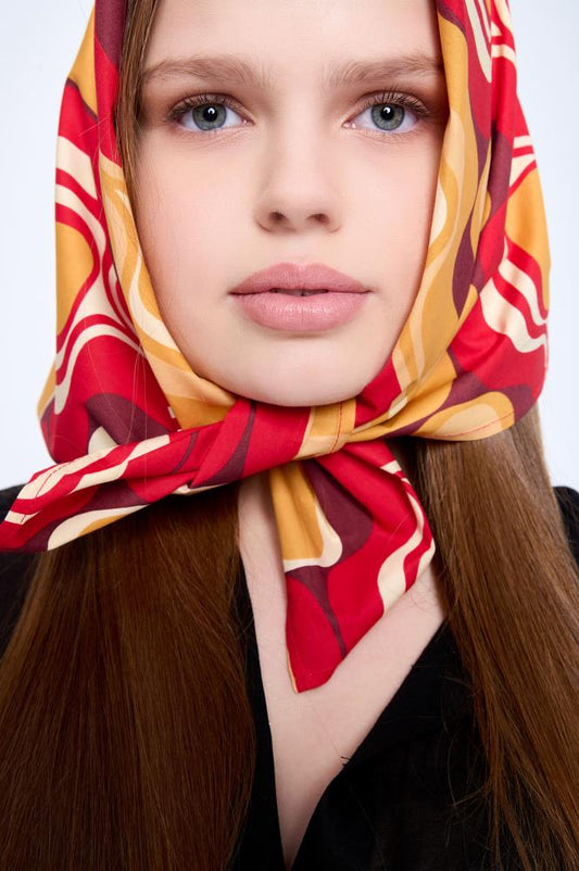 SKARELE RETRO red & gold cotton SCARF, 70x70cm