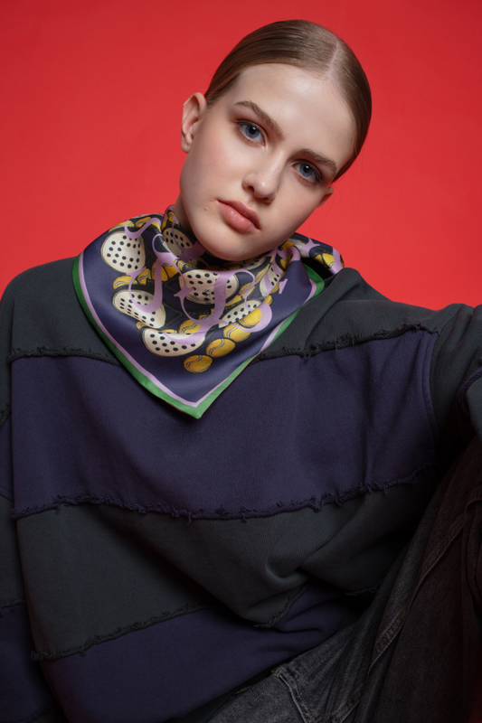 SKARELE MOVEMENT Double-Sided Dynamic Blue and Citrus Yellow Silk Scarf 65x65cm