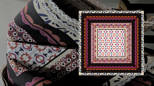 A collage showing a vibrant geometric scarf mockup on the right, layered over the finished printed fabric with the same intricate pattern on the left.