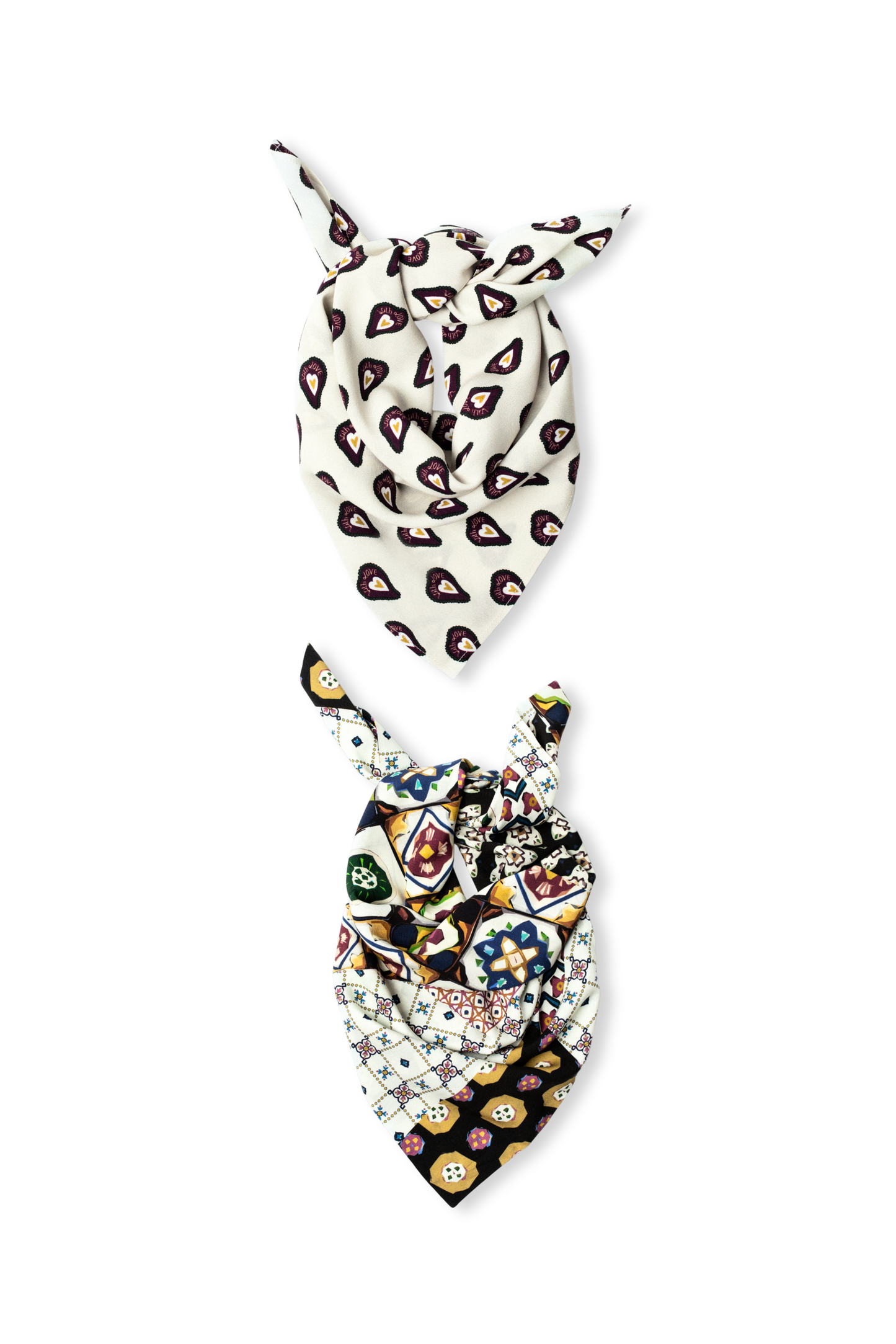 Two viscose scarves knotted on a white background: one featuring a cream base with burgundy heart patterns and another with a vibrant, multicolor geometric mosaic design.