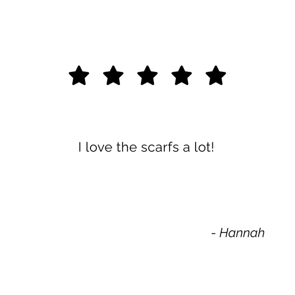 Customer review graphic for Skarele. Displays a 5-star rating and a quote from Hannah: 'I love the scarfs a lot!' in black typography on a clean white square background.