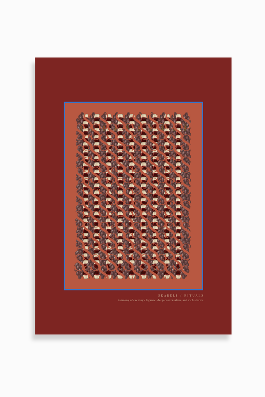 Elegant deep red poster with a blue accent line, terracotta inner border, dark red grape pattern, drink glasses, and lower text "SKARELE / RITUALS: harmony of evening elegance, deep conversation, and rich stories"