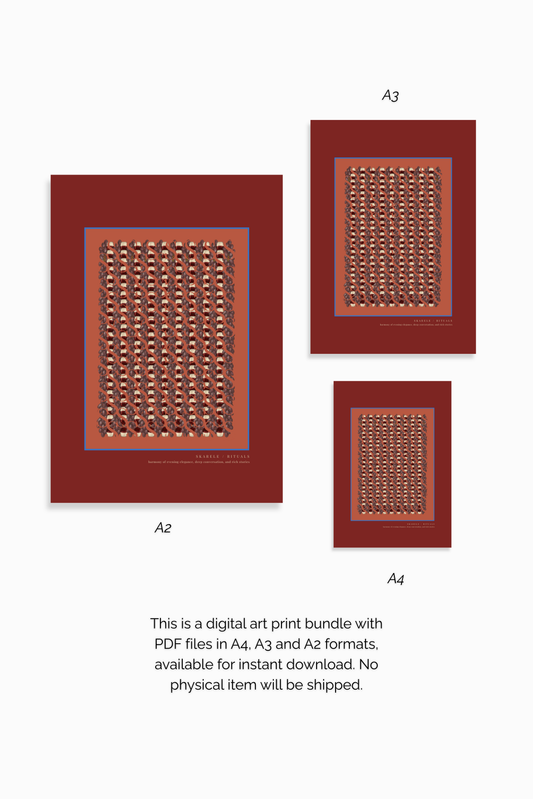 Digital art print bundle preview featuring the "Skarele / Rituals" deep red poster in A2, A3, and A4 ratios, with text indicating instant PDF download with no physical item shipped