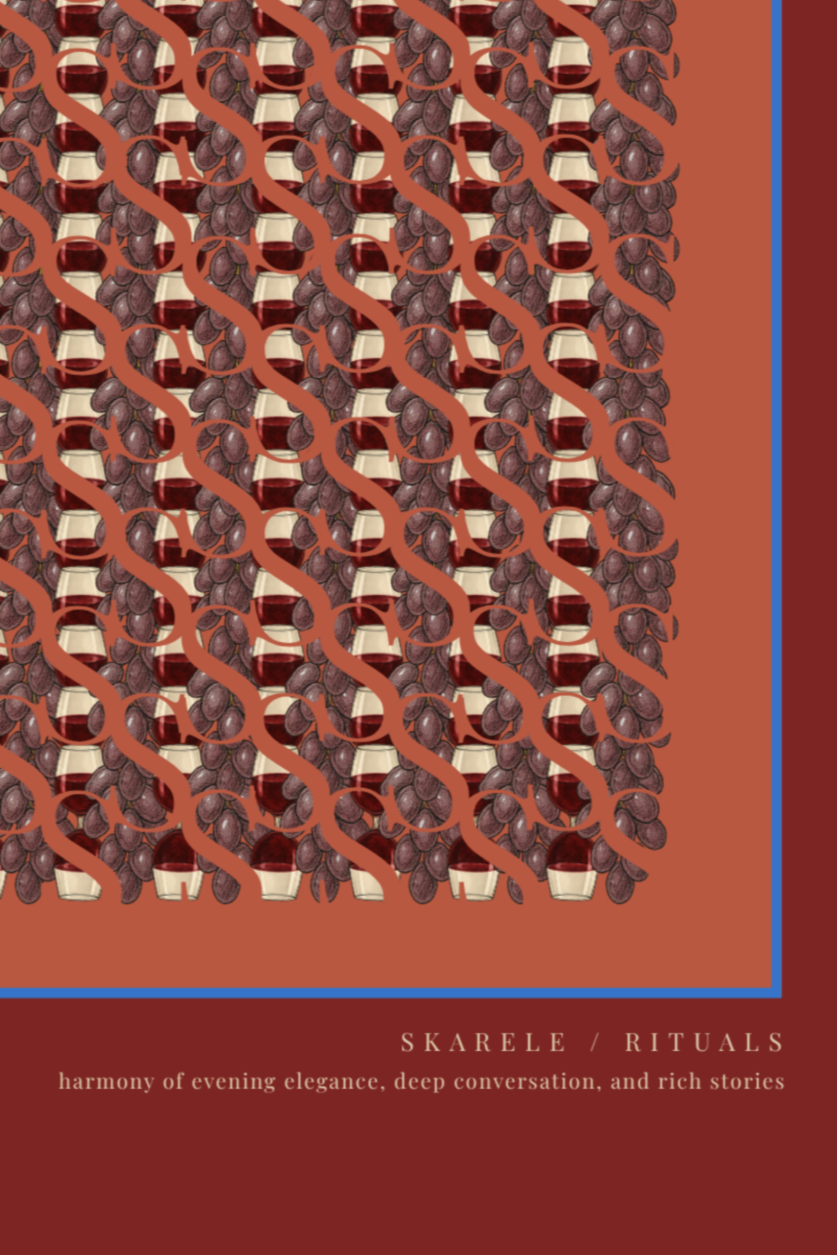Close-up detail of the "Evening deep red" digital art print, highlighting the intricate pattern of dark grapes, wine glasses, blue accent line, and lower text "SKARELE / RITUALS - harmony of evening elegance, deep conversation, and rich stories"