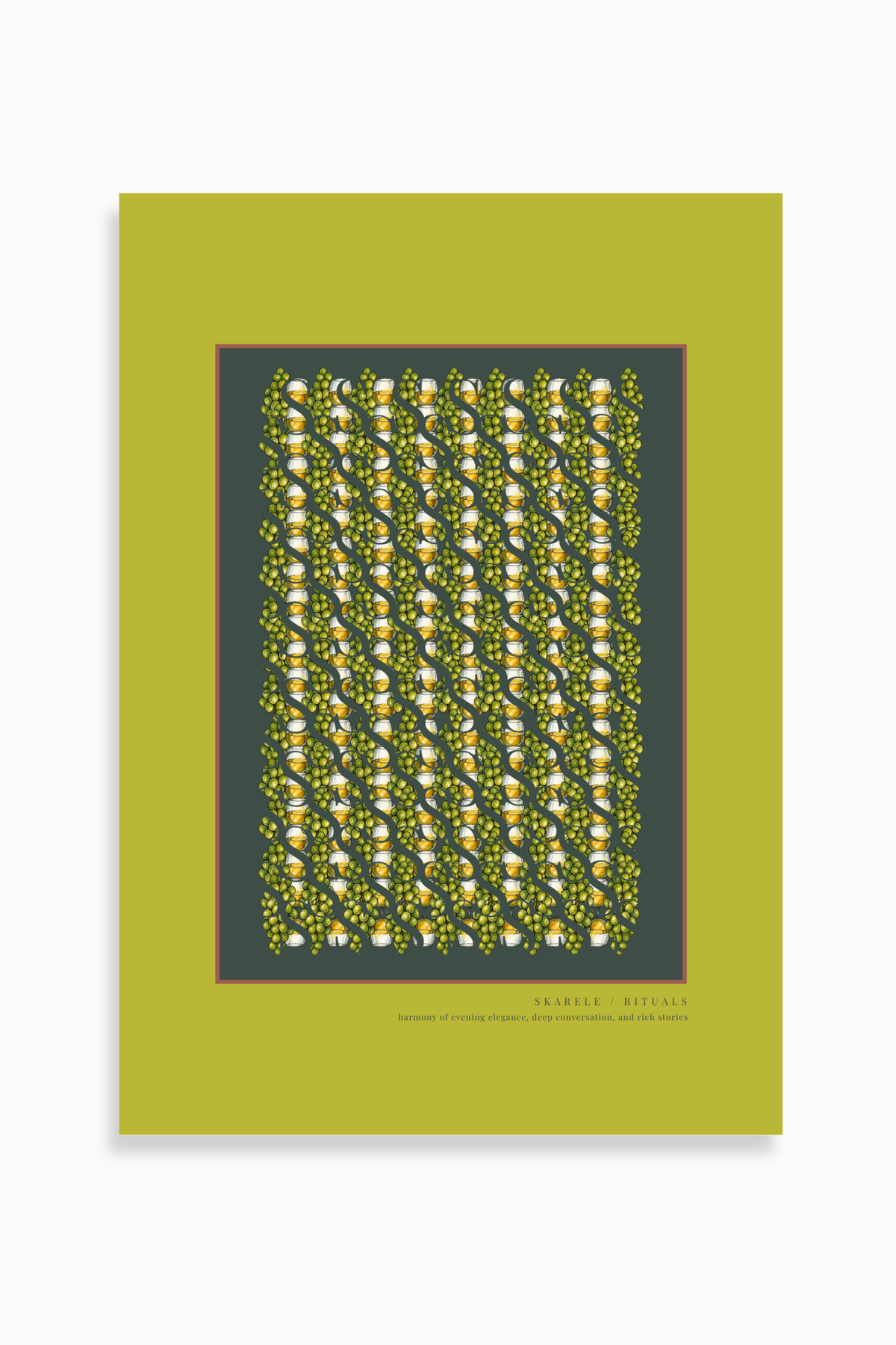 Modern pistachio green digital poster with an intricate dark green center pattern of grape clusters and yellow drink glasses. Includes the text "SKARELE / RITUALS: harmony of evening elegance, deep conversation, and rich stories" at the bottom.[cite: 1]