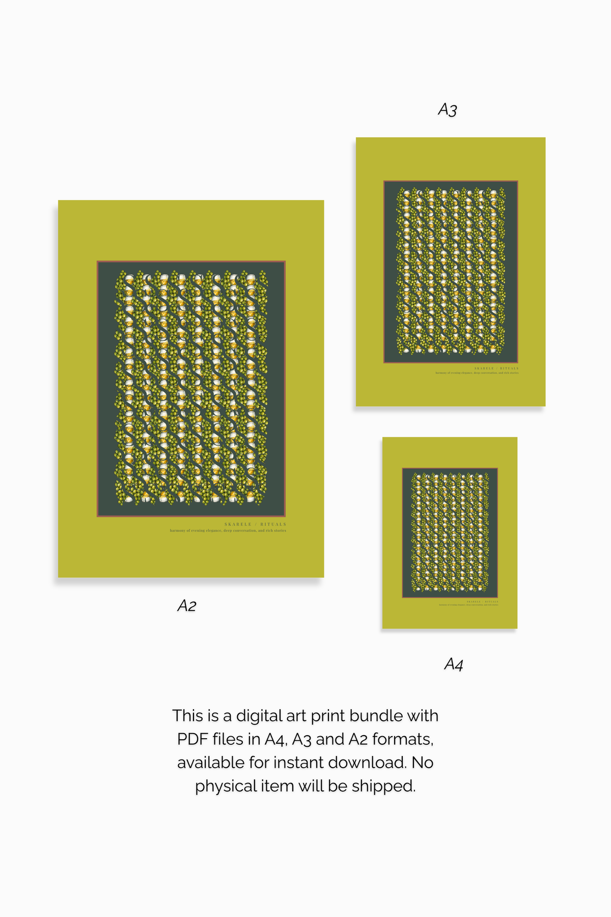 Digital art print bundle preview featuring the "Skarele / Rituals" pistachio green poster in A2, A3, and A4 ratios, with text indicating instant PDF download with no physical item shipped.