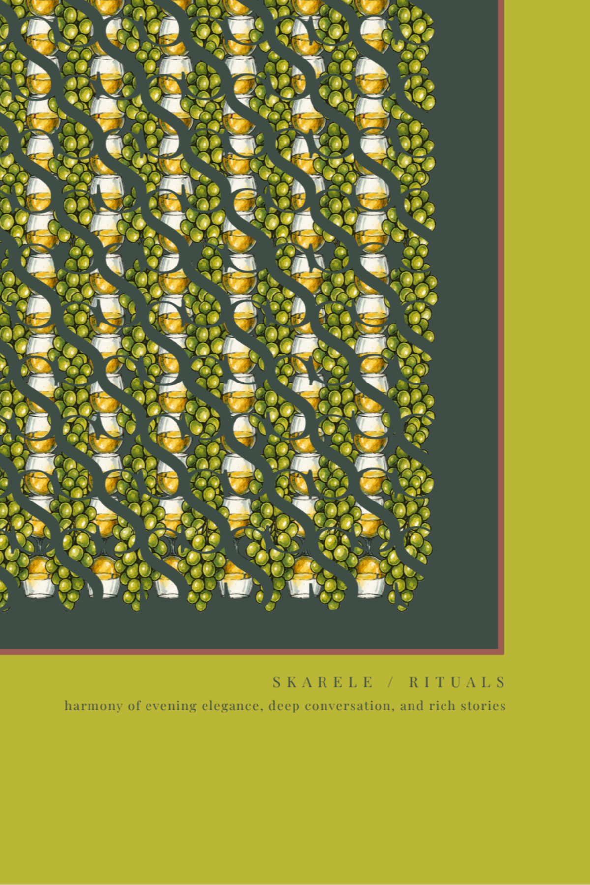 Close-up detail of the "Evening pistachio green" art print, highlighting the intricate pattern of green grapes, yellow cocktails, dark grey border, and lower text "SKARELE / RITUALS - harmony of evening elegance, deep conversation, and rich stories