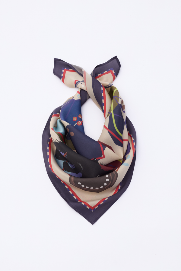 Flat lay view of the GUARDIAN Silk Scarf in Blue Graphite, showcasing its modern artistic print and terrier dog theme. The design combines sophisticated dark blue tones with playful abstract elements and sketches. Woven from premium silk, this accessory highlights a balance of classic style and whimsical art, making it a unique gift for dog lovers and fashion enthusiasts.