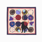 Full view of the GUARDIAN Silk Scarf in Blue Graphite, showcasing the complete abstract print and terrier dog illustration. The design features a mix of modern geometric shapes and whimsical line art in a sophisticated dark blue and earthy color palette. This large square silk scarf is displayed flat to show the entire pattern, highlighting its premium quality and unique artistic aesthetic.