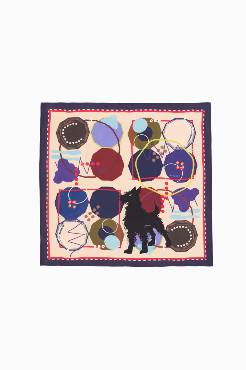 Full view of the GUARDIAN Silk Scarf in Blue Graphite, showcasing the complete abstract print and terrier dog illustration. The design features a mix of modern geometric shapes and whimsical line art in a sophisticated dark blue and earthy color palette. This large square silk scarf is displayed flat to show the entire pattern, highlighting its premium quality and unique artistic aesthetic.