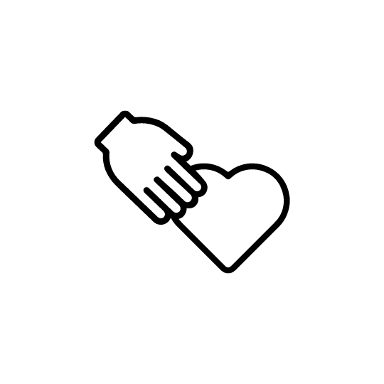 A minimalist black and white line icon of a hand gently touching or holding a heart. This illustration represents care, support, handcrafted quality, or passion for the craft on a white background.