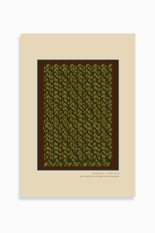 Warm beige digital poster with a blue accent frame, dark brown inner border, detailed pattern of green tea cups and leaves, featuring the lower text "SKARELE / RITUALS - glow of quiet peace, soft light, and new beginnings"