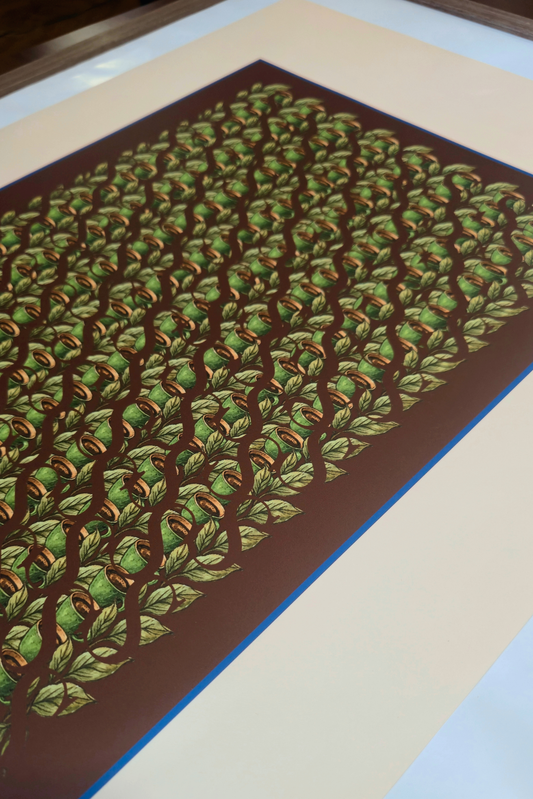 Perspective view close-up of the beige digital art print, highlighting the high-quality print finish, dark brown center with green tea cups and leaves, blue border line, and wooden frame edge