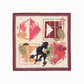 Full view of the MUSE Silk Scarf in Chestnut Brown, showcasing its complete artistic print. The modern abstract design combines mid-century modern shapes with whimsical line art in earthy tones and bold red. This medium square silk scarf is displayed flat to show the entire pattern, including the playful poodle illustration and geometric framing, perfect for versatile styling.