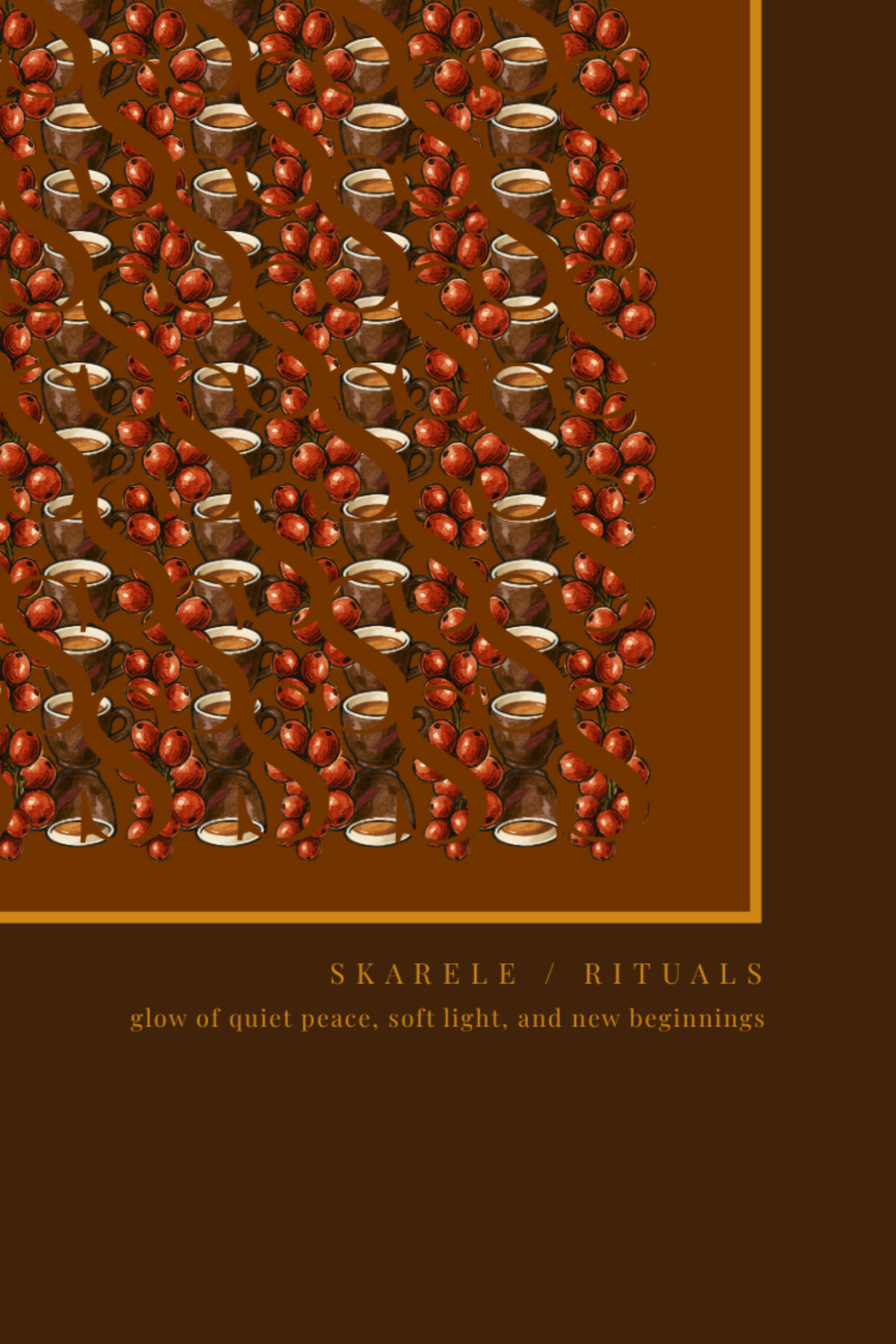 Close-up detail of the "Morning bordo" digital art print, highlighting the intricate pattern of coffee cups, coffee pots, red berries, amber inner frame, and lower text "SKARELE / RITUALS - glow of quiet peace, soft light, and new beginnings