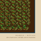 Close-up detail of the beige and dark brown digital art print, highlighting the intricate pattern of green tea cups, tea leaves, blue border line, and lower text "SKARELE / RITUALS - glow of quiet peace, soft light, and new beginnings"