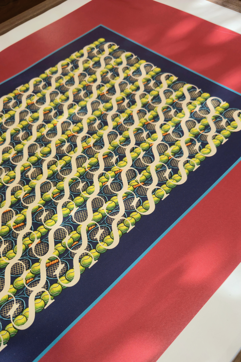 Perspective view close-up of the "Movement dynamic blue" art print, highlighting the high-quality print finish, dark navy center with vintage tennis rackets and yellow tennis balls, teal border line, and wooden frame edge.