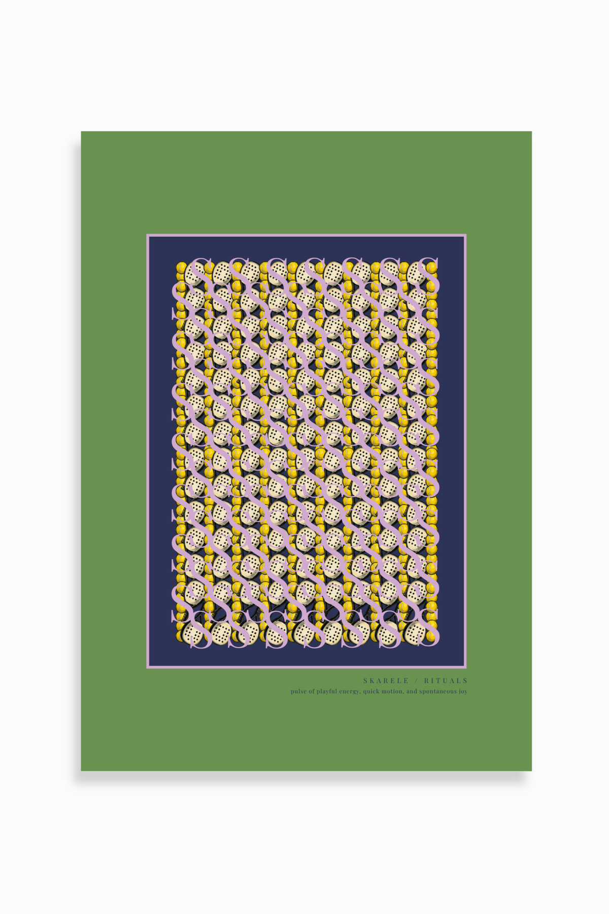 Olive green digital poster with a lilac-pink accent line, dark navy inner frame, detailed pattern of padel rackets and bright yellow balls, featuring the lower text "SKARELE / RITUALS - pulse of playful energy, quick motion, and spontaneous joy