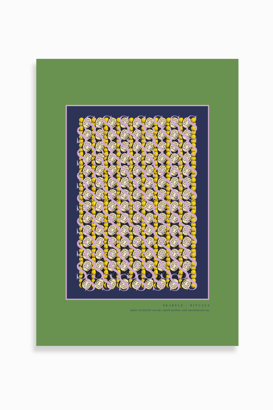 Olive green digital poster with a lilac-pink accent line, dark navy inner frame, detailed pattern of padel rackets and bright yellow balls, featuring the lower text "SKARELE / RITUALS - pulse of playful energy, quick motion, and spontaneous joy