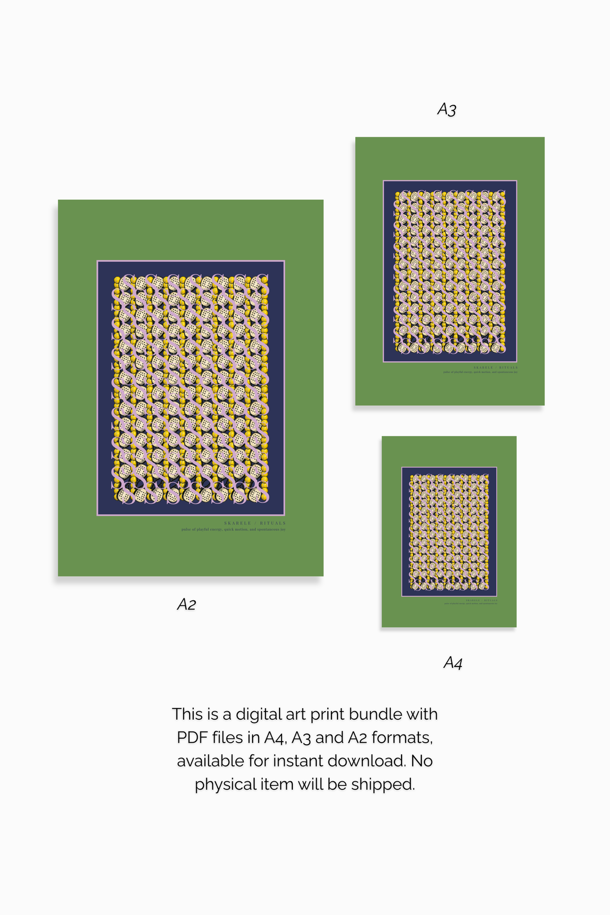 Digital art print bundle preview featuring the "Skarele / Rituals" olive green padel  poster in A2, A3, and A4 ratios, with text indicating instant PDF download with no physical item shipped
