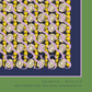 Close-up detail of the "Movement citrus yellow" digital art print, highlighting the intricate pattern of padel rackets, bright yellowballs, dark navy inner frame, lilac-pink border line, and lower text "SKARELE / RITUALS - pulse of playful energy, quick motion, and spontaneous joy