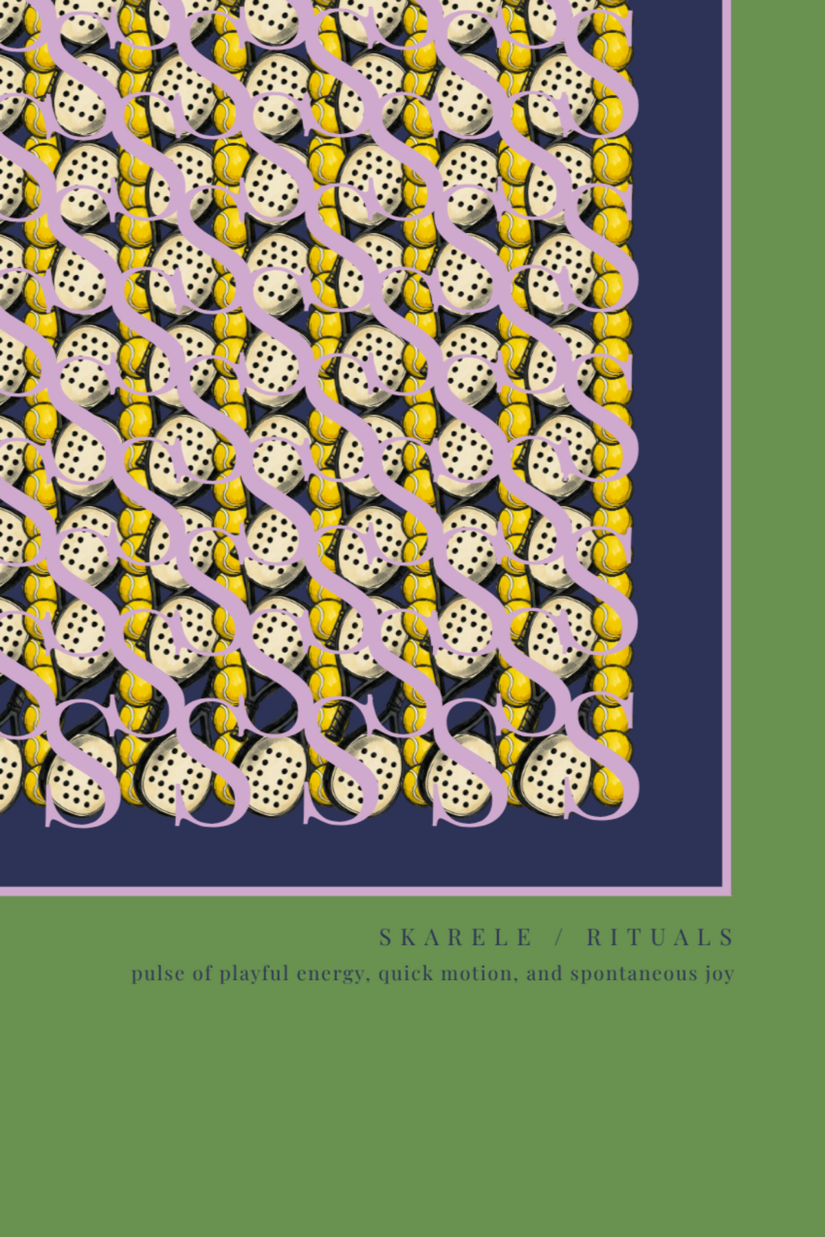 Close-up detail of the "Movement citrus yellow" digital art print, highlighting the intricate pattern of padel rackets, bright yellowballs, dark navy inner frame, lilac-pink border line, and lower text "SKARELE / RITUALS - pulse of playful energy, quick motion, and spontaneous joy